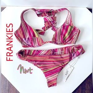 NWT FRANKIES shimmy pink gold red high leg underwire bandeau cheekini bikini set